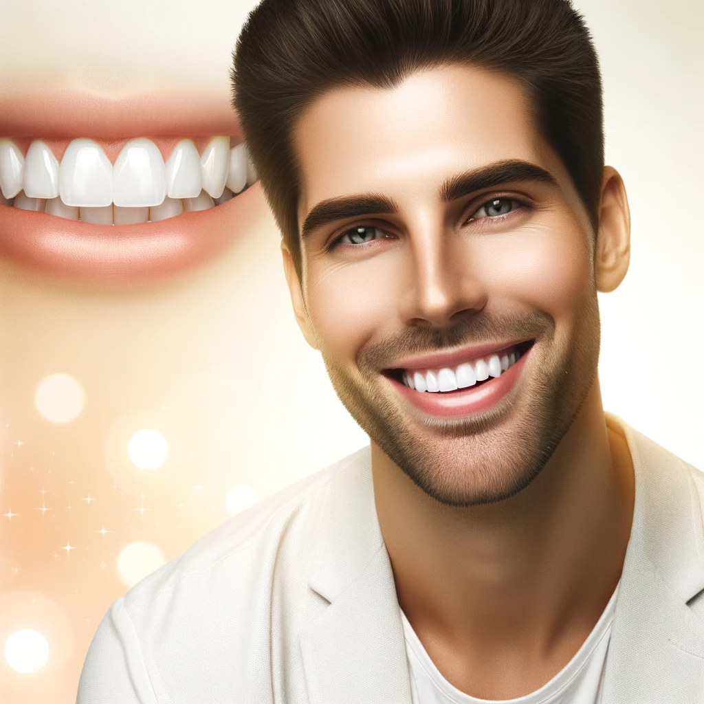 Individual showcasing a dazzling white smile, with a gradient backdrop transitioning from dull yellow to radiant white, and subtle representations of teeth whitening products at the bottom.